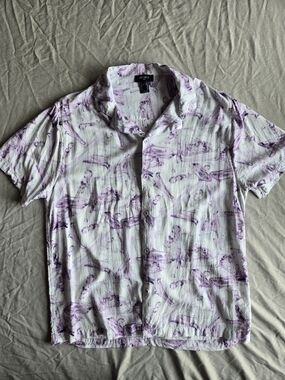 Forever 21 White Short-Sleeve Button-Down Shirt with Purple Sketch Print